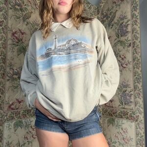 Vintage 1980s Granny Lighthouse Graphic Sweater Cream Grey Womens L XL